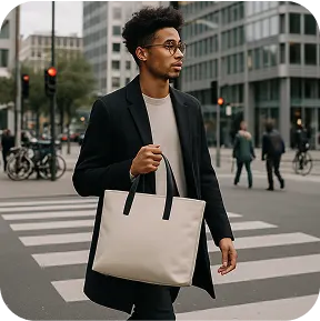 A guy walking through a city in a black coat and a white bag in his hand
