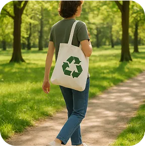 A guy walking through a park with an eco-friendly white bag