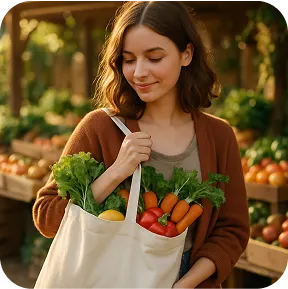A young woman in a market with a bag full of vegetables